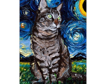 Magnet - Tabby Cat Starry Night Art Animal Refrigerator Magnet 3x3 Or 4x6 Inch Sizes Choose Tiger Cat Decor By Aja