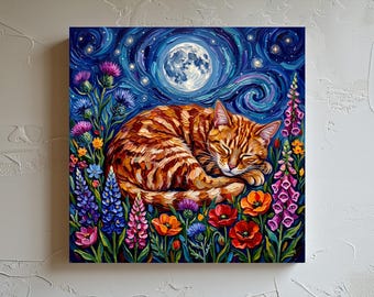 Orange Tabby Cat Floral Art Print Starry Night Home Decor Paper or Canvas