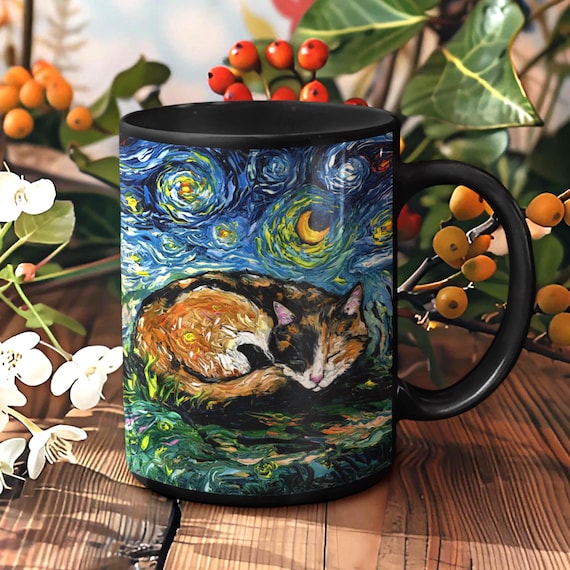 Pet Mug Cat Lover Gift Calico Cat Starry Night Ceramic Coffee Mug Artisan Novelty Cup Unique Cat Mom Present Idea Drinkware Hot Tea Cup