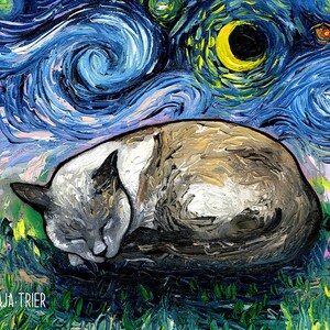 May include: A painting in the style of Vincent van Gogh depicting a sleeping cat in a field of green grass under a swirling blue night sky with a crescent moon and stars.