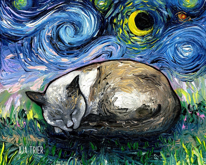 May include: A painting in the style of Vincent van Gogh depicting a sleeping cat in a field of green grass under a swirling blue night sky with a crescent moon and stars.
