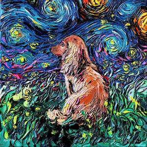 Brown Long Hair Dachshund Art Starry Night Art Print dog lover gift cute art puppy by Aja choose size and type of paper red doxie wall decor