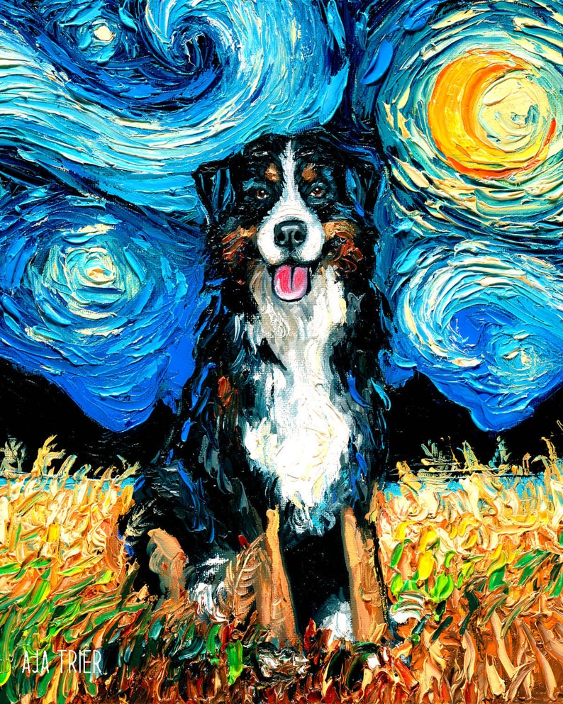 Bernese Mountain Dog Art Starry Night Art Print dog lover gift art by Aja choose size and type of paper pet artwork image 2