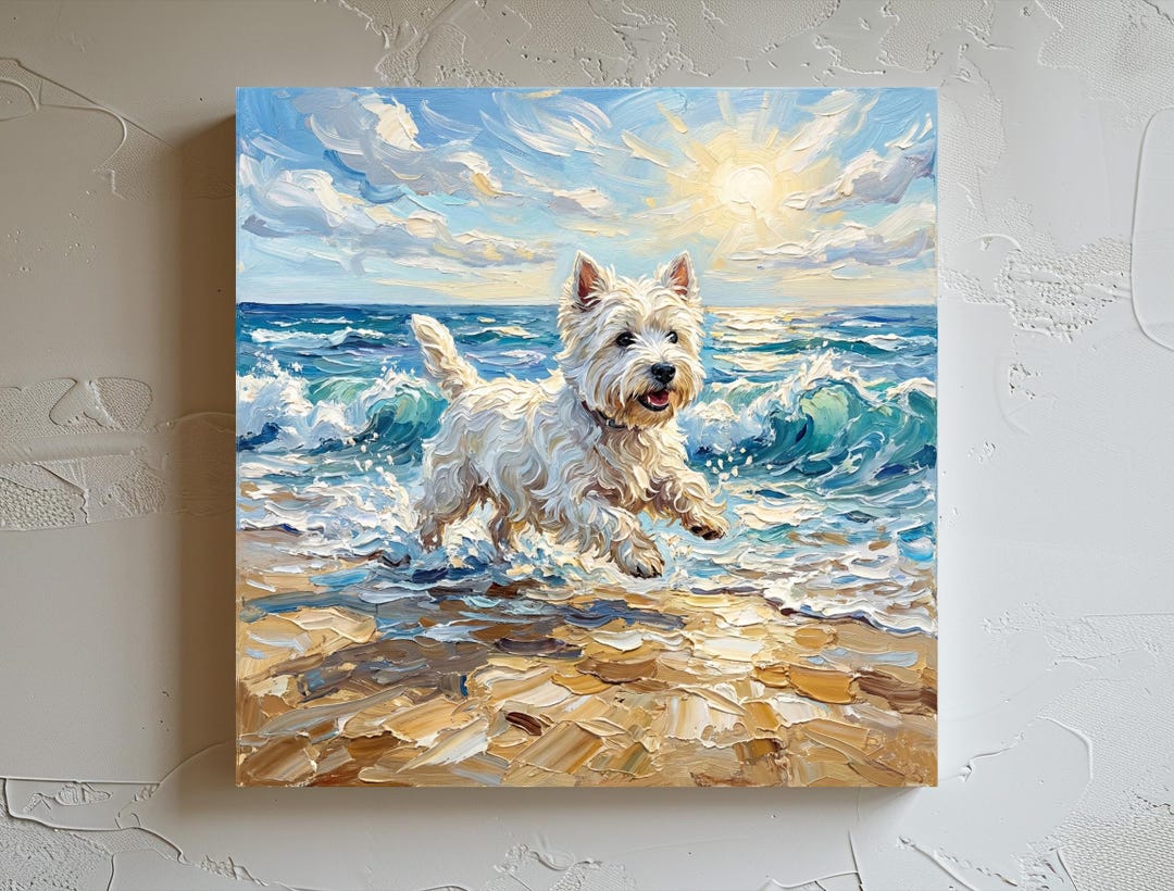 Westie Art Print Dog Beach Summer Art Home Decor Paper or Canvas