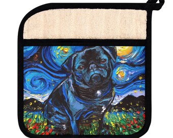 Pot Holder with Pocket - Black Pug Starry Night Dog Kitchen Hot Pad Potholder Cooking Kitchen Accessories Art by Aja