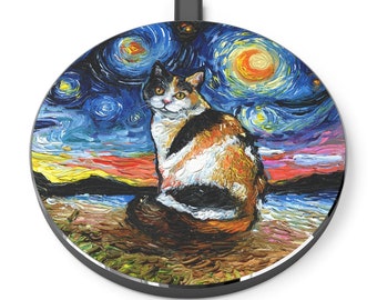 Wireless Phone Charger - Calico Cat and Moon Starry Night Desktop Accessories iPhone Android Charging Station Art by Aja