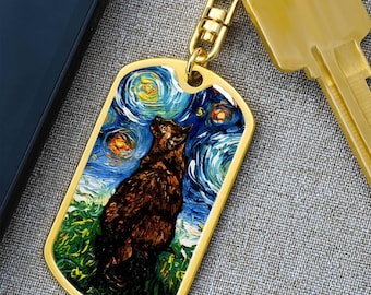 Llavero de gato carey grabado con placa de identificación para perro, llavero conmemorativo de la noche estrellada, dije personalizado, regalo para amantes de los gatos carey