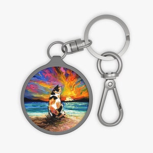 Keyring Tag - Beach Days - Calico Cat Key Chain Keychain School Bag Tag Pet Charm Art by Aja Seashore Coastal Ocean Sunset