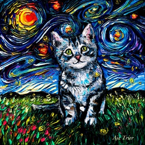 Gray Tabby Kitten Cat Art CANVAS print Starry Night Ready to Hang wall decor artwork display by Aja animal home