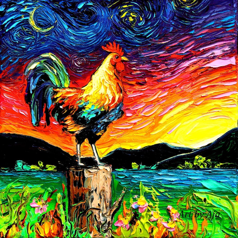 May include: A colorful painting of a rooster standing on a wooden stump against a background of a starry night sky and a sunrise.