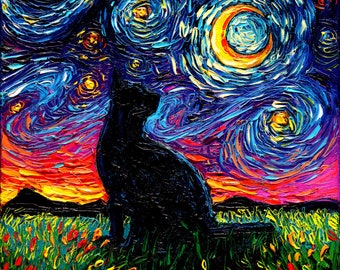 Black Cat Silhouette Art Starry Night Art Print picture by Aja choose size and type of paper - Photo Paper or Watercolor Paper home decor