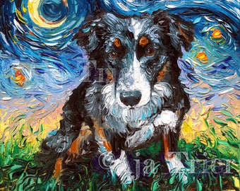 Australian Shepherd Art Starry Night Print dog picture by Aja choose size and type of paper Kodak or Fine Art Watercolor Paper Home Decor