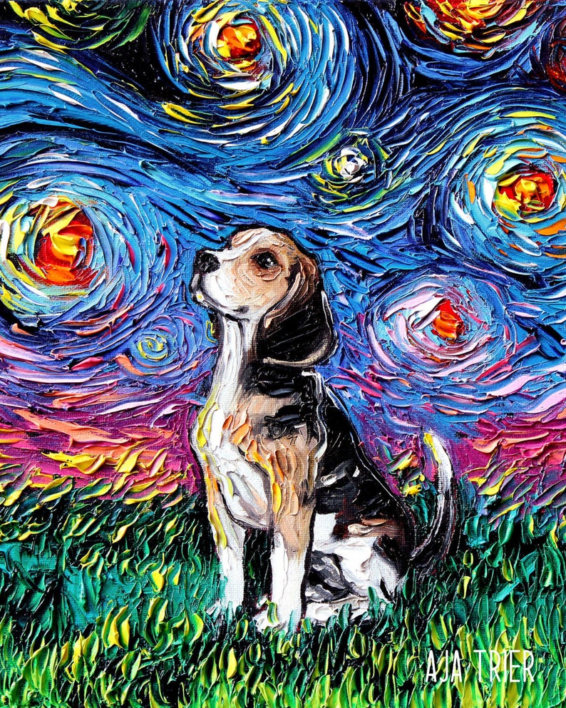 Beagle Art Starry Night Art Print dog lover gift cute art by Aja Square or Rectangle orientation choose size pup puppy image 2