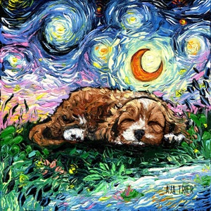 May include: A painting of a brown and white puppy sleeping in a field of green grass under a starry night sky with a crescent moon. The painting is done in a style reminiscent of Vincent van Gogh's Starry Night.