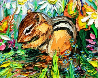 Chipmunk Art Print, Spring Flowers, Woodland Nursery Decor