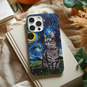 May include: A phone case featuring a painting of a cat in the style of Van Gogh's "Starry Night." The case has a dark blue background with swirling yellow and white stars, a yellow crescent moon, and a seated gray tabby cat.