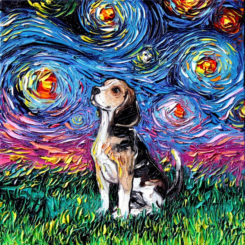 Coasters Set of 4 Square Beagle Starry Night Dog 4x4 inch anti-skid Neoprene rubber back and fabric top Art by Aja Pet Home Decor image 2