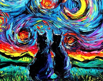 Black Cat Art - Starry Night animal feline print van Gogh's Cats by Aja choose size and type of paper