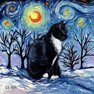 Tuxedo Cat Winter Landscape Art CANVAS print Starry Night Ready to Hang wall decor artwork display by Aja animal home