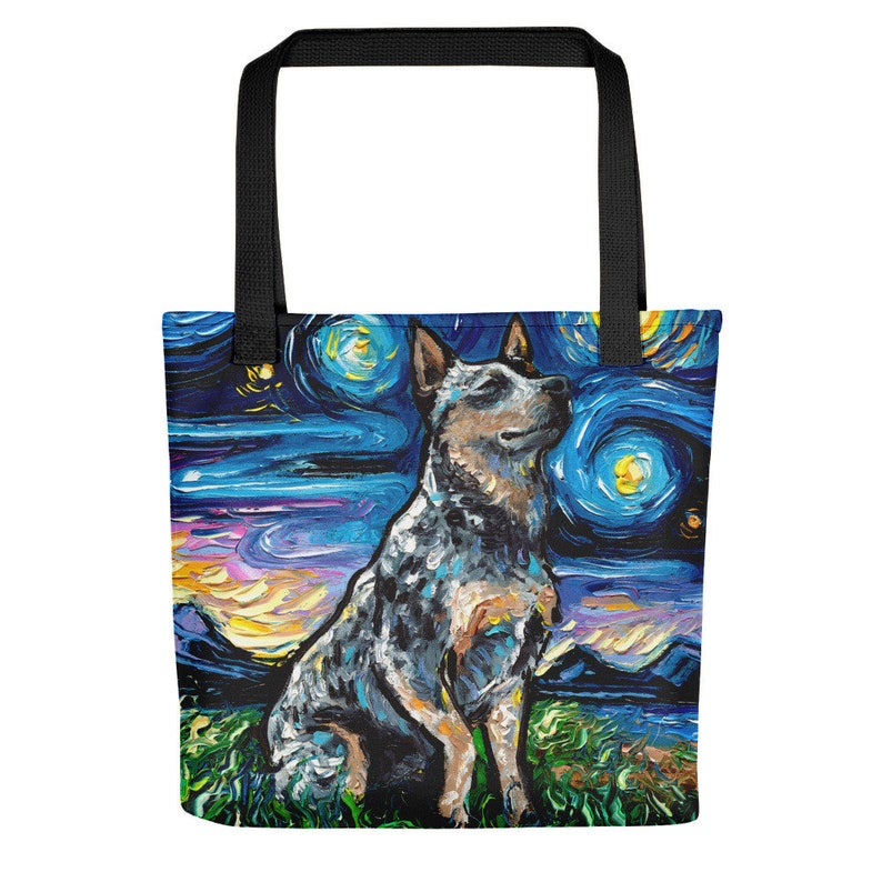 Blue Heeler Australian Cattle Dog Starry Night Tote bag handbag artwork by Aja dog lover gift 15x15 inches printed both sides