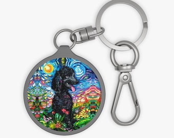 Keyring Tag - Black Poodle And Garden Flowers Starry Night Dog Key Chain Keychain School Bag Tag Pet Charm Art by Aja