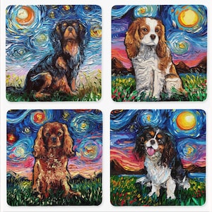 Set of 4 Coasters  Square Starry Night Cavalier King Charles Spaniels 4x4 in antiskid Neoprene Art by Aja 4 Different Designs