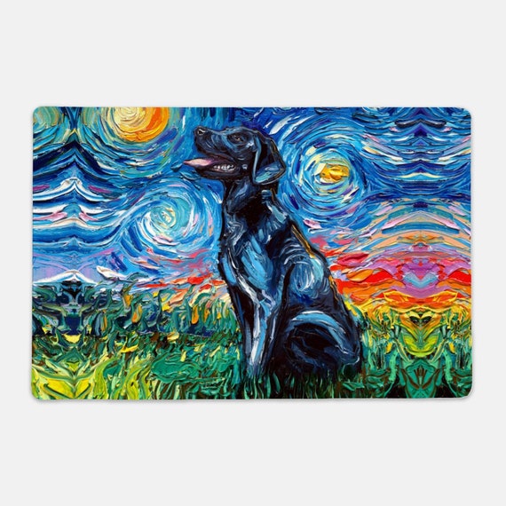 Pet Mat Black and Tan Short Hair Dachshund Starry Night Dog Feeding Mat Non-Slip Rubber 12x18 inches Art by Aja Cute Doxie Placemat