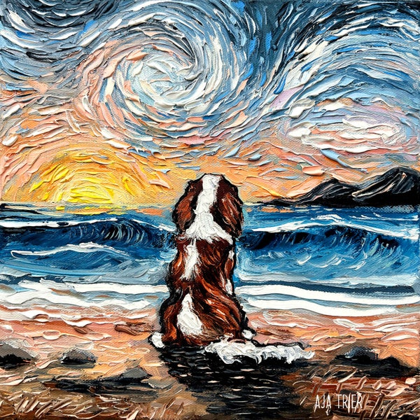 Beach Days Blenheim Cavalier Spaniel Starry Night Dog Ocean Art Print picture by Aja choose size Photo Paper Watercolor Paper home decor