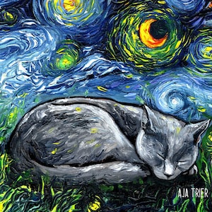 Sleeping Russian Blue Cat Starry Night Art Print picture by Aja choose size, Photo Paper Watercolor Paper artwork home decor pet kitty moon image 3