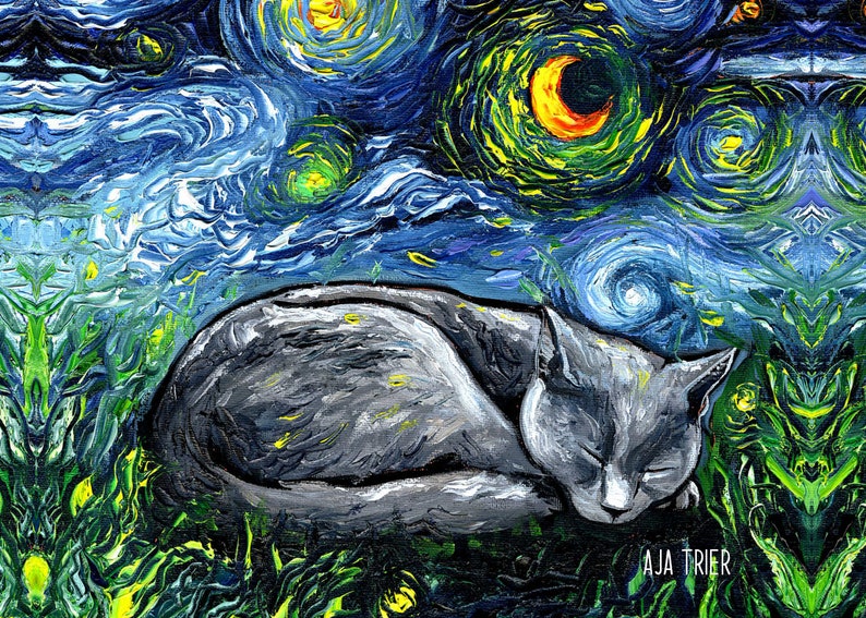 Sleeping Russian Blue Cat Starry Night Art Print picture by Aja choose size, Photo Paper Watercolor Paper artwork home decor pet kitty moon image 3