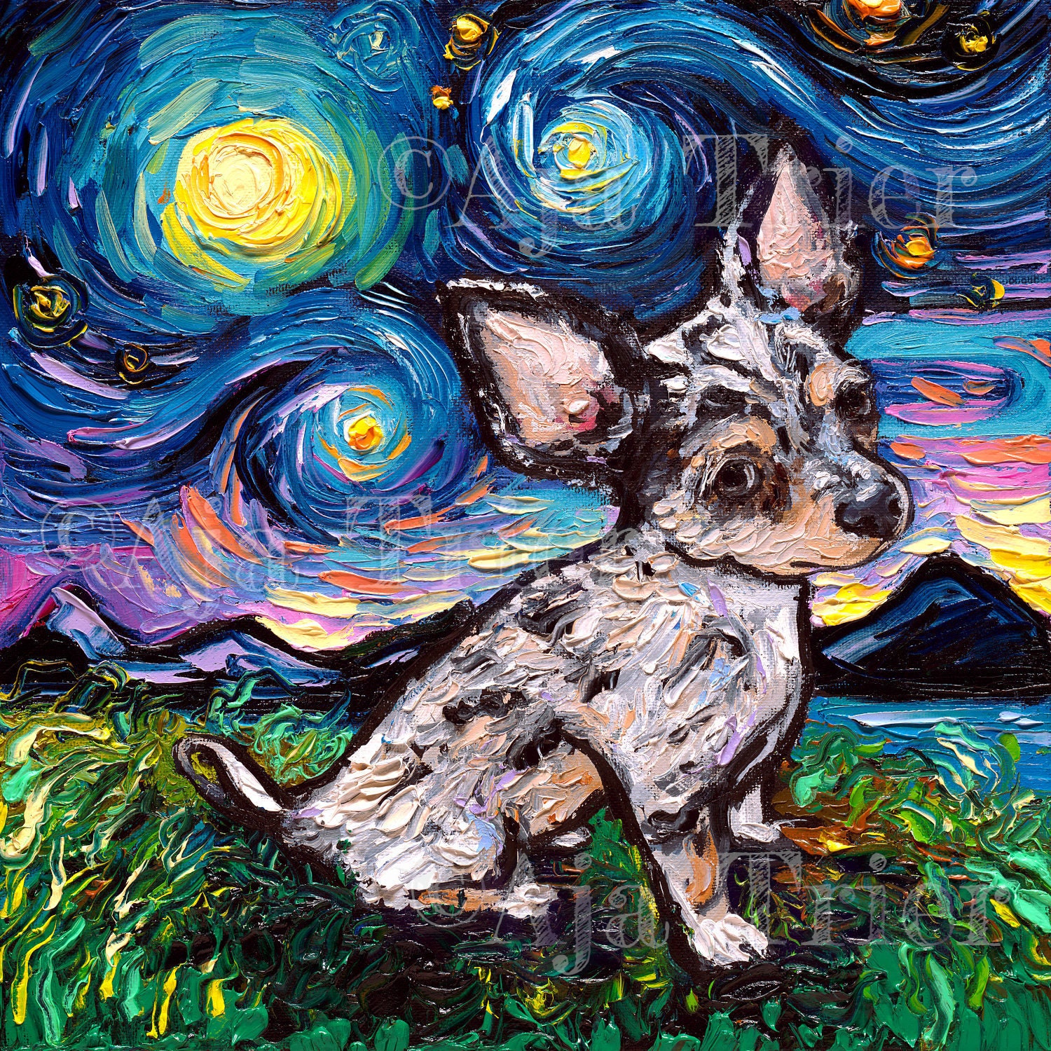 Teacup Merle Chihuahua Art Starry Night Art Print Dog Picture by