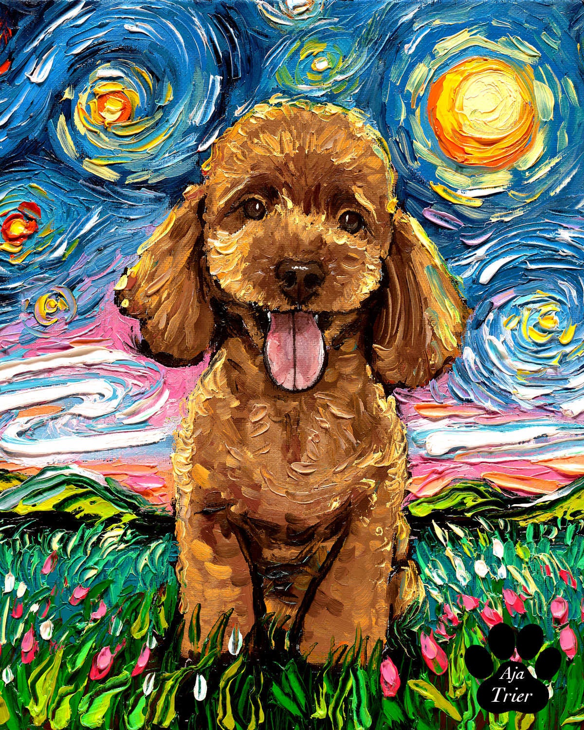 Apricot Poodle Night Art CANVAS Print Starry Night Dog Ready to