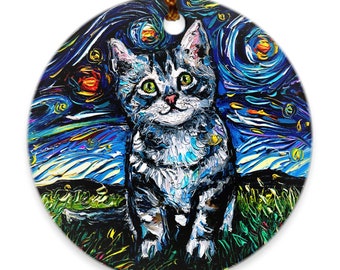 Tabby Cat Gray Kitten Starry Night Porcelain Ornaments Printed On Both Sides Ceramic Heirloom