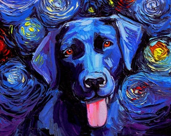 Black Labrador Art Starry Night Art Print dog lover gift cute art by Aja 8x8, 10x10, 12x12, 20x20, and 24x24 inches choose size Lab puppy