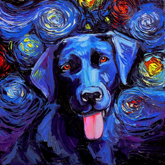 Black Labrador Art Starry Night Art Print dog lover gift cute art by Aja 8x8 10x10 12x12 20x20 and 24x24 inches choose size Lab puppy