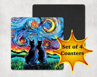 Coasters - Set of 4 Two Black Cats Square Starry Night Cat 4x4 inch anti-skid rubber back and fabric top Art by Aja van Gogh's Cats