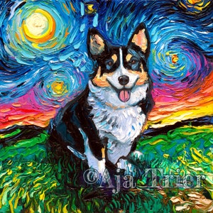 Tri color Pembroke Corgi Starry Night Art Print dog lover gift cute art by Aja pup puppy choose size and type of paper