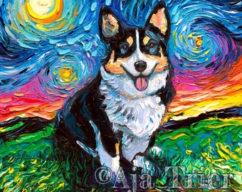 Tri color Pembroke Corgi Starry Night Art Print dog lover gift cute art by Aja pup puppy choose size and type of paper