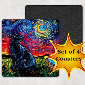 Coasters - Set of 4 Black Cat and Moon Square Starry Night Cats 4x4 inch anti-skid rubber back and fabric top Art by Aja kitty Home Decor