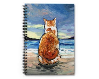 Spiral Notebook - Ruled Line Beach Days - Orange and White Tabby Cat Ocean 8x6x.6 inch Journal Stationary Art by Aja Free US Shipping