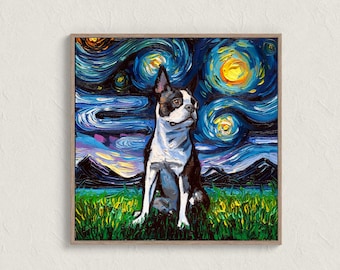 Boston Terrier Starry Night Art Print, Dog Portrait (Photo/Watercolor Paper)