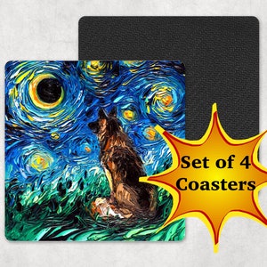 Coasters - Set of 4 German Shepherd Square Starry Night Dog 4x4 inch anti-skid rubber back and fabric top Art by Aja Pet Home Decor