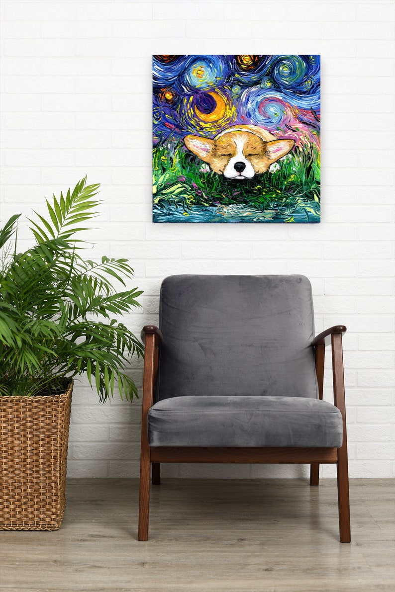K&ouml;nnte beinhalten: Ein Gem&auml;lde eines Corgi-Hundes, der in einem Grasfeld unter einem sternenklaren Nachthimmel schl&auml;ft. Das Gem&auml;lde ist im Stil von Vincent van Goghs Sternennacht gehalten.
