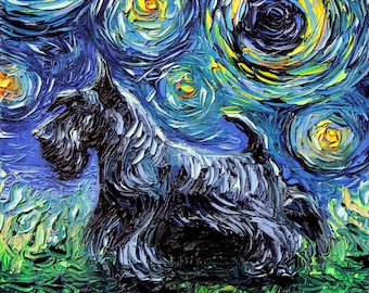 Scotty Art Scottish Terrier Starry Night Art Print dog lover gift cute art by Aja choose size and type of paper pet animal wall decor