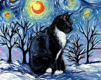 Tuxedo Cat Starry Night Art Print, Winter Landscape