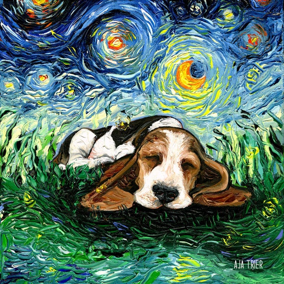 Sleeping Basset Hound Dog Puppy Art CANVAS Print Starry Night