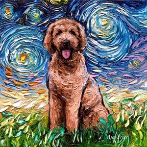 Red Goldendoodle Art Starry Night Art Print dog art by Aja choose size and type of paper pet owner pup artwork Doodle dog fluffy