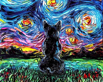 French Bulldog Art Starry Night Art Print dog lover gift cute art by Aja pup puppy Dog silhouette in landscape wall artwork home decor