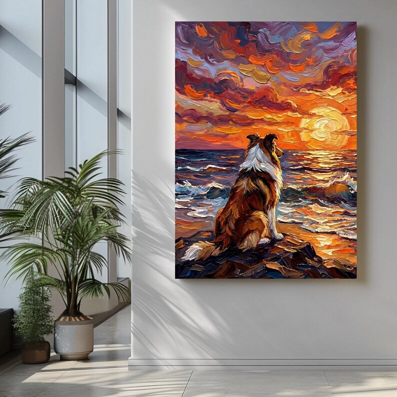Op de afbeelding: Een olieverfschilderij toont een hond die op een rotsachtige oever zit en naar een zonsondergang boven de oceaan kijkt. De lucht is gevuld met levendige oranje, rode en paarse tinten. De hond heeft bruine en witte vacht en de golven slaan tegen de kust.