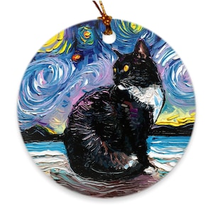 Tuxedo Cat On Beach Starry Night Ornament Printed On Both Sides Ceramic Heirloom